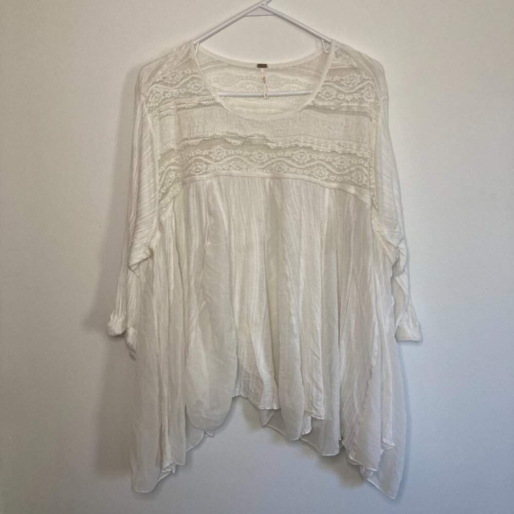 Free People Boho Lace-Trim Cream Sheer Tunic - Size Medium